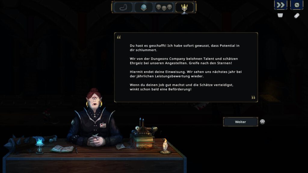 Motivationsrede der Chefin nach dem Tutorial in Legend of Keepers.