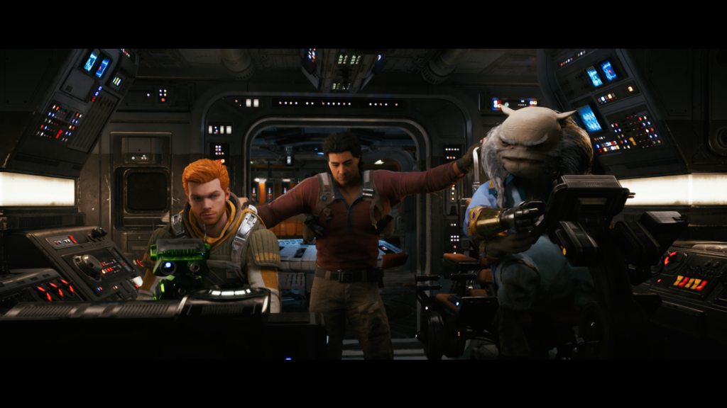 Cal, BD-1, Bode und Greez von links nach rechts sitzen im Cockpit ihres Raumschiffes. Sie schauen bedrückt drein. Bode hält sich zwischen Cal und und Greez an den Lehnen ihrer Sitze fest.