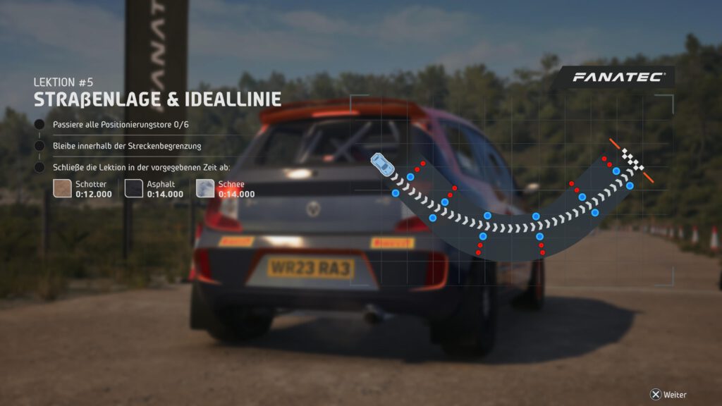 Fahrschulanweisung zum Halten der Ideallinie in WRC.