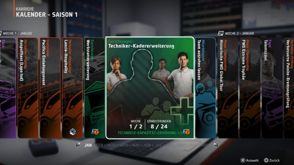 Kalendermenü aus WRC. Techniker-Kadererweiterung wird ausgewählt. 