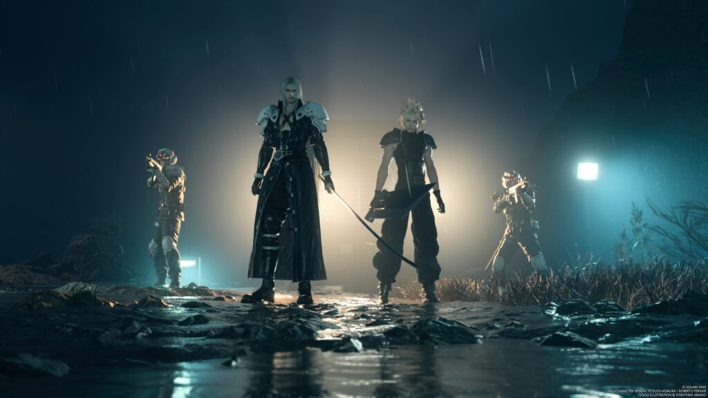 FINAL FANTASY VII REBIRTH. Sephiroth und Cloud stehen gemeinsam mit zwei Shinra Fußsoldaten auf einem nächtlichen Weg.