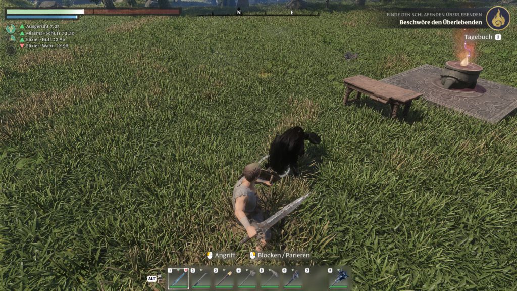Kampf gegen einen Wolf in Enshrouded mit Schild und Schwert.