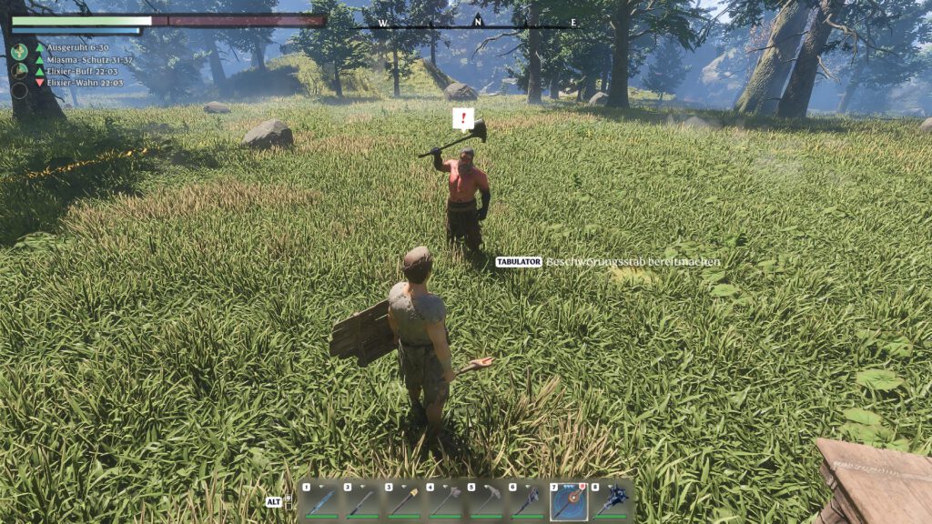Schmied winkt der Spielfigur auf einer grünen Wiese mit einem Ausrufezeichen über dem Kopf.