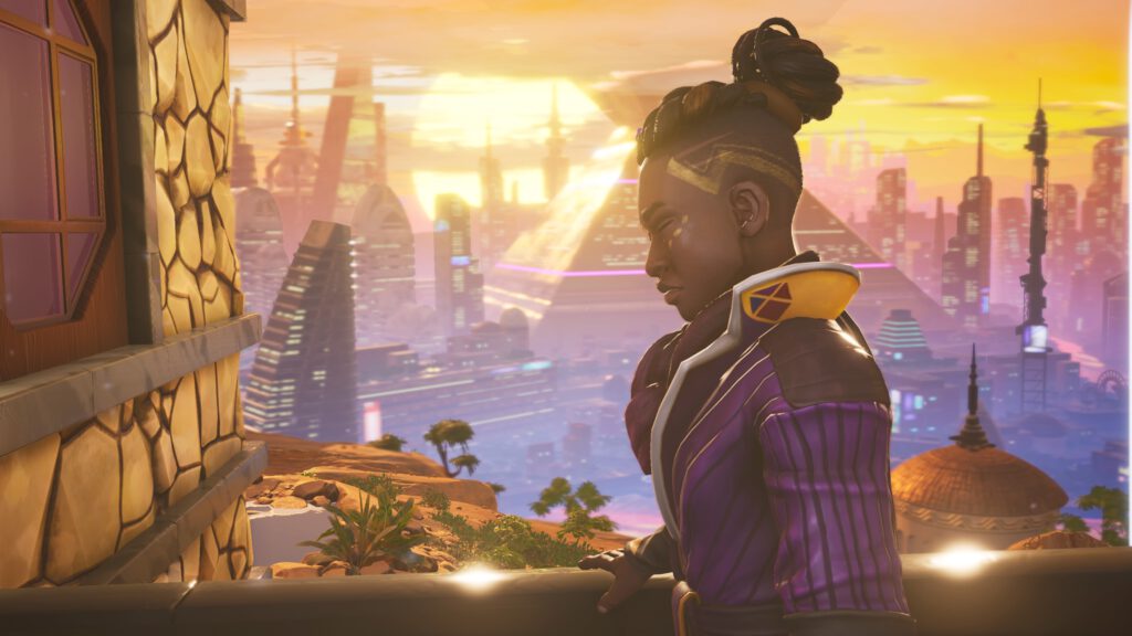 Zuberi steht im Abendlicht auf seinem Balkon, im Hintergrund die futuristische Stadt. Er muss sich das weinen verkneifen.