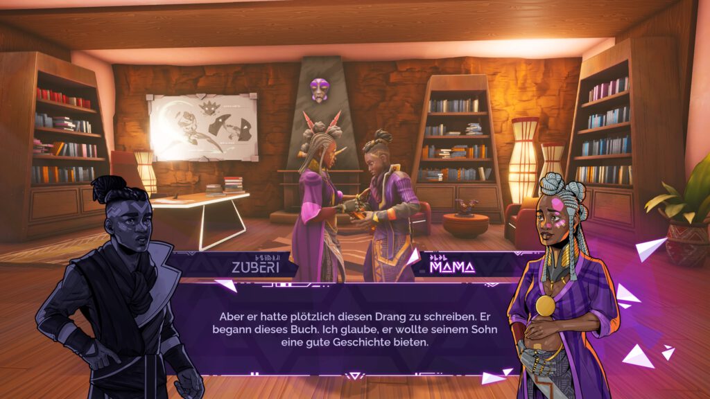 Dialogfenster mit Zuberi links und seiner Mutter rechts im Bild. Sie übergibt ihm das Buch seines Vaters.