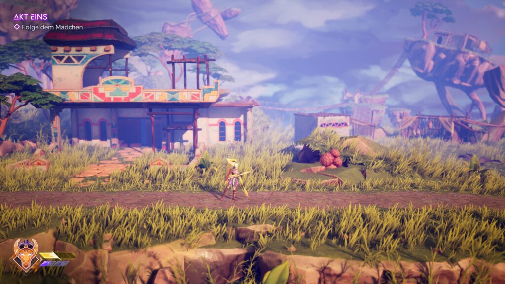 Grasland von Kenzera. Zau geht mit seiner gelben Sonnenmaske einen gepflasterten Weg entlang.