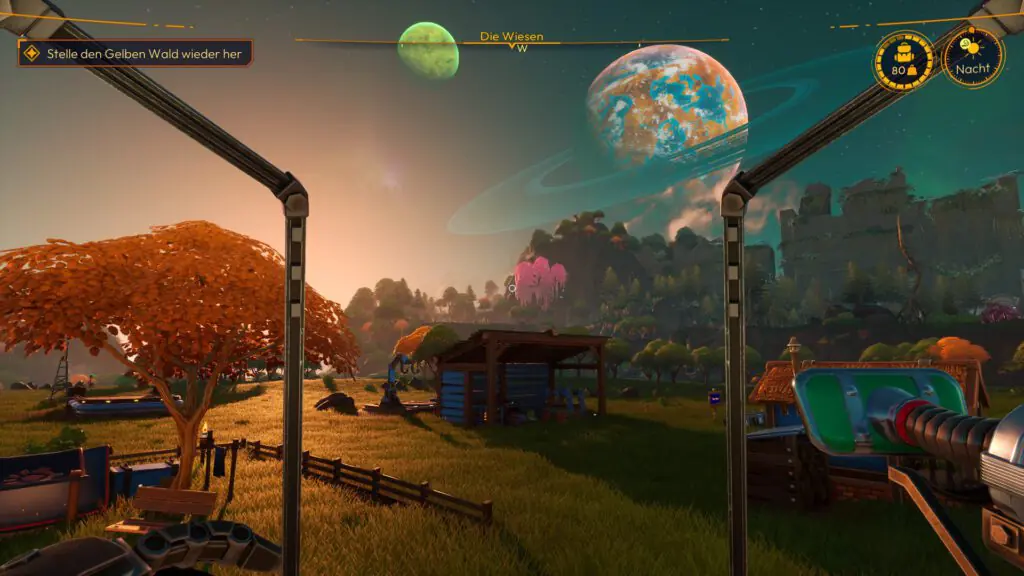 Lightyear Frontier Die Farm auf einer gr&uuml;nen Wiese im Abendrot