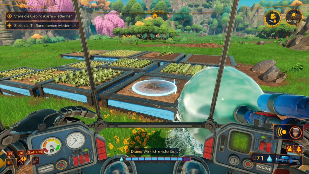 Lightyear Frontier Der Mech bewässert ein Beet mit einem großen Wasserschuss