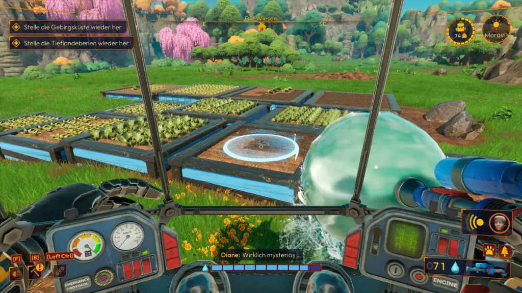 Lightyear Frontier Der Mech bew&auml;ssert ein Beet mit einem gro&szlig;en Wasserschuss