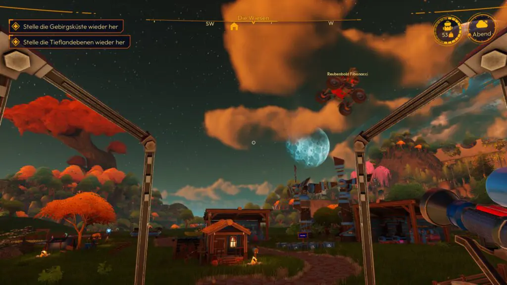 Lightyear Frontier Ein Mech springt mit einer Schanze &uuml;ber die Farm.