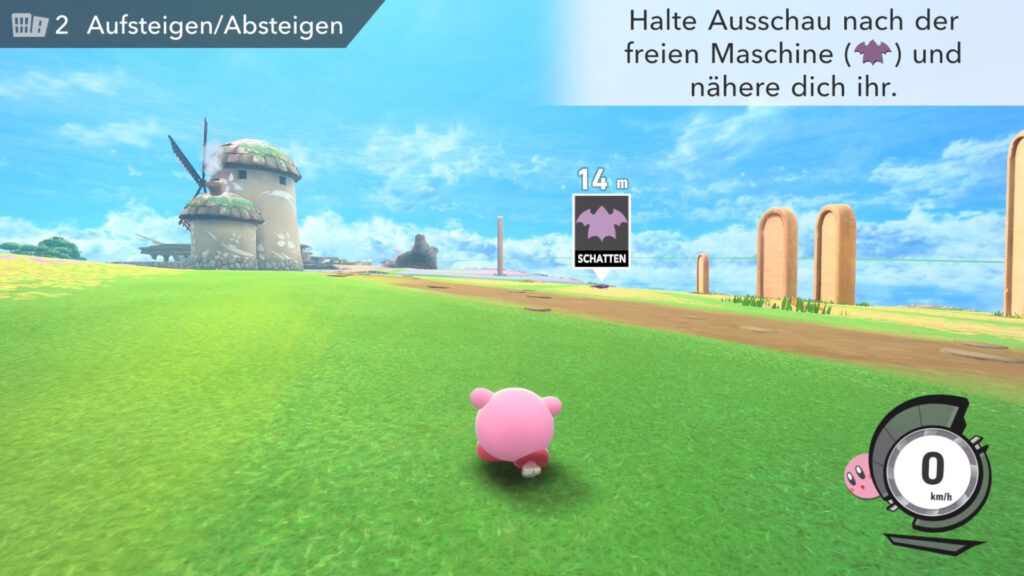 Kirby Air Riders Kirby l&auml;uft auf einer Wiese und sucht nach einer Maschine