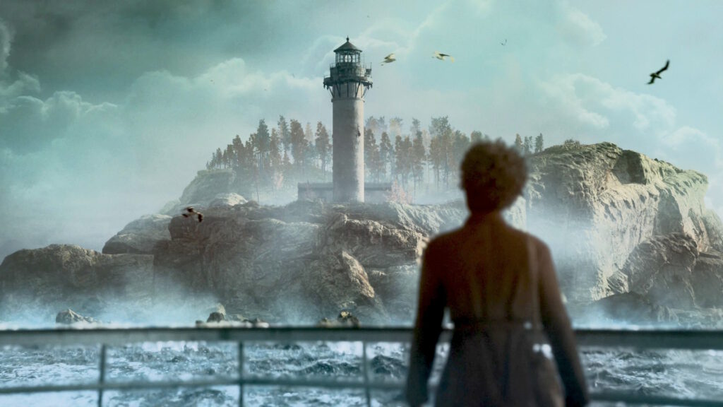 Layers of Fear Frau am Hafen schaut auf Leuchtturm