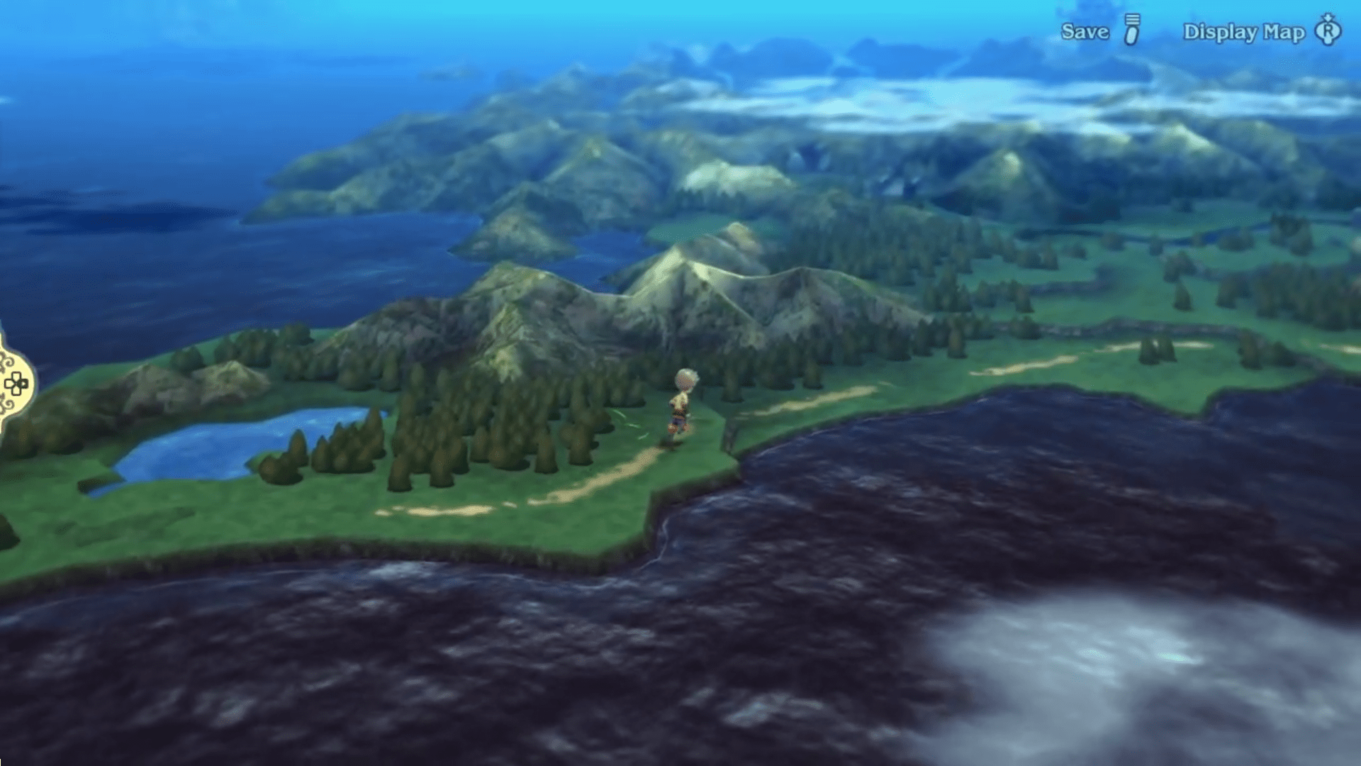 In a bright, cartoonish game world, a character walks along a coastal path with hills, forests, and the sea to the left.