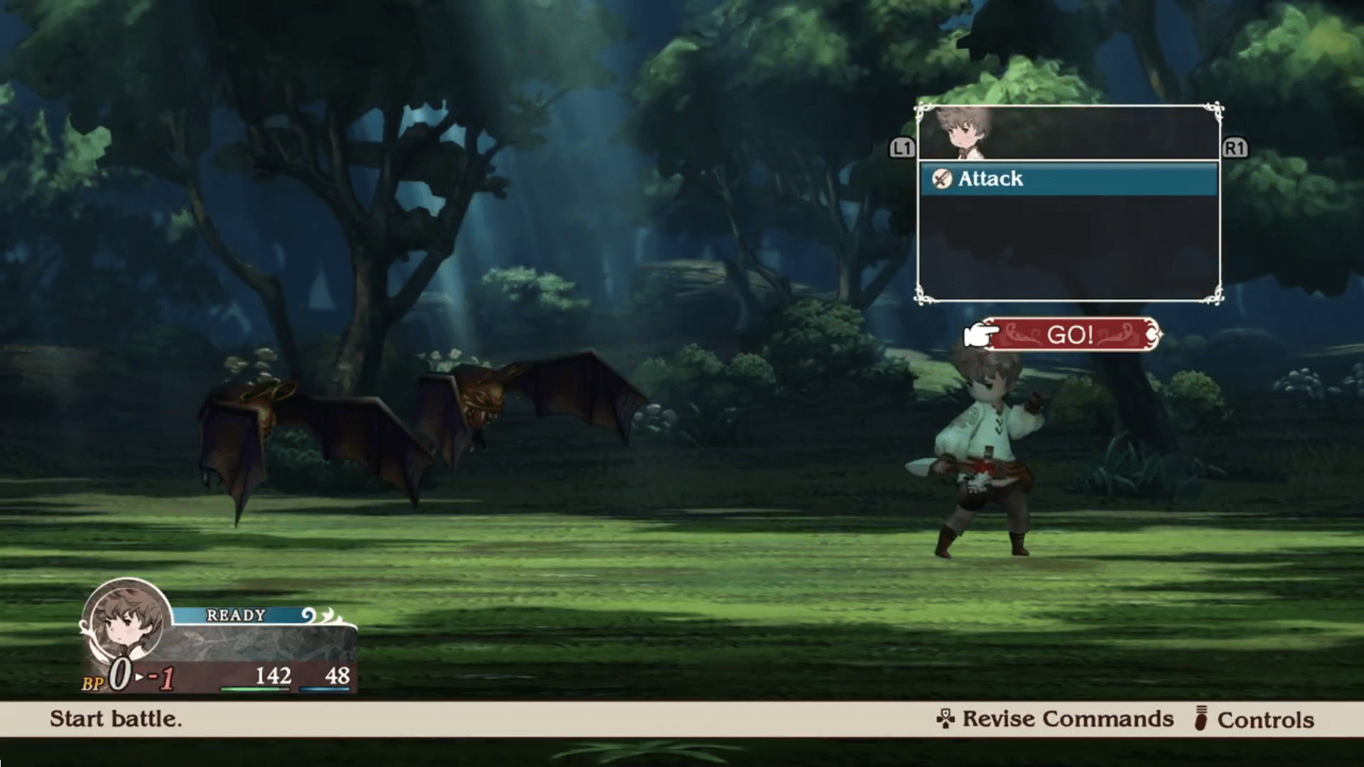 A battle scene in a forest: player character on the right facing bats, attack menu open in the top-right corner.