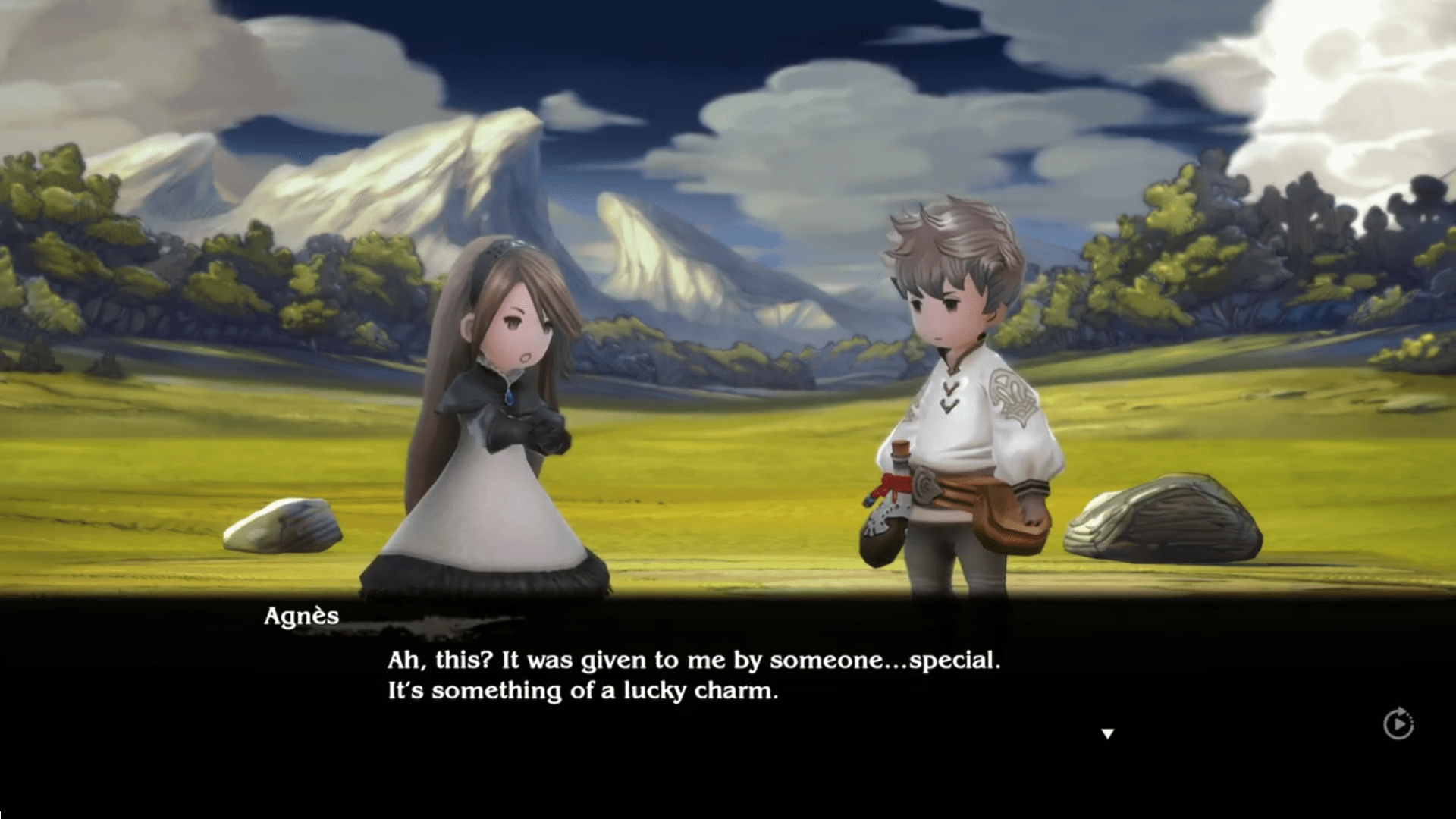 Two chibi characters converse in a sunny meadow; a girl in a black-and-white dress speaks to a boy in a white tunic, with dialogue subtitles.