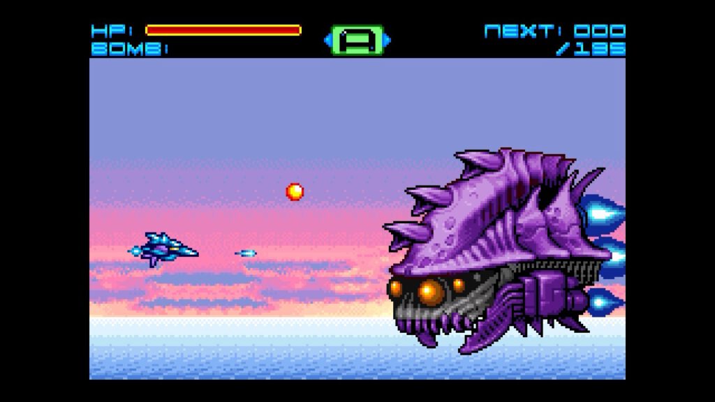 Side-scrolling shooter scene: a purple dragon-like boss on the right fires at a small blue fighter on the left against a sunset ocean backdrop.