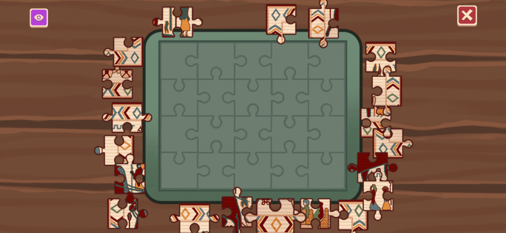 Incomplete jigsaw puzzle around a green-framed board on a wooden surface, pieces scattered nearby.