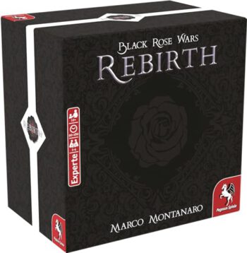 Box for Black Rose Wars: Rebirth, black with rose motif and white logo text, designer Marco Montanaro on the front.