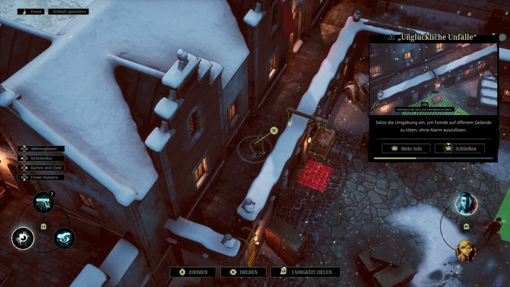 Snowy rooftop stealth scene with a character and a mission overlay reading 'Ungl&uuml;ckliche Unf&auml;lle' in German, plus two buttons in the prompt window.