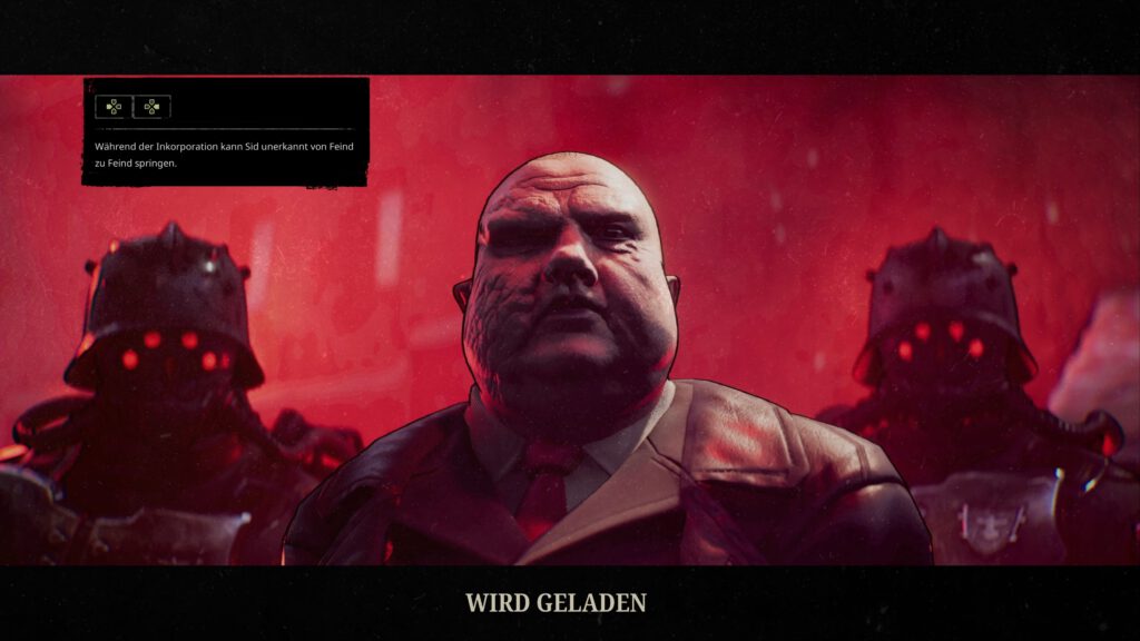 A stern, bald man in armor stands center with two helmeted soldiers in red lighting behind him; caption at bottom reads 'WIRD GELADEN'.