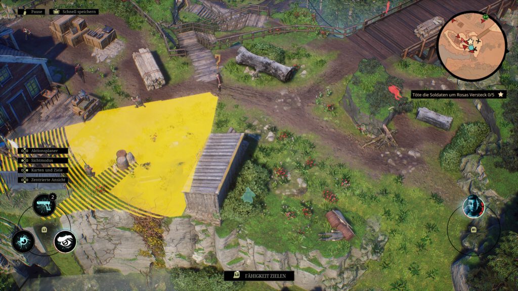 Top-down game screenshot showing a village scene with wooden stairs, crates, and a large yellow highlighted area on the ground; on-screen HUD elements and a circular mini-map are visible in the top-right.