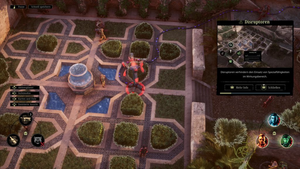 Top-down tactical battle in a tiled garden courtyard: a red combat robot fights soldiers with a glowing purple energy rail nearby, plus a Disruptors tutorial panel on the right.