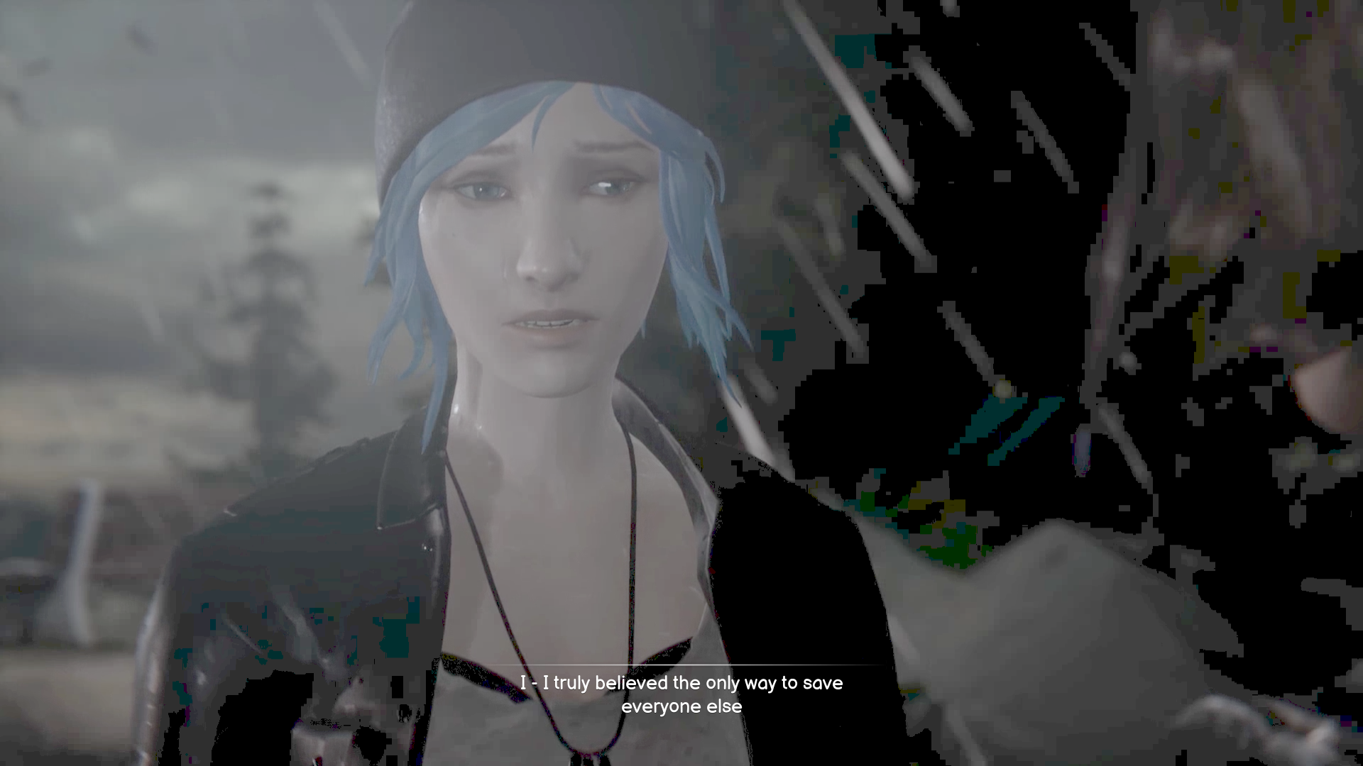 Close-up of a Chloe Price with blue hair and a beanie, looking distressed as she speaks (subtitle: 'I truly believed the only way to save everyone else').