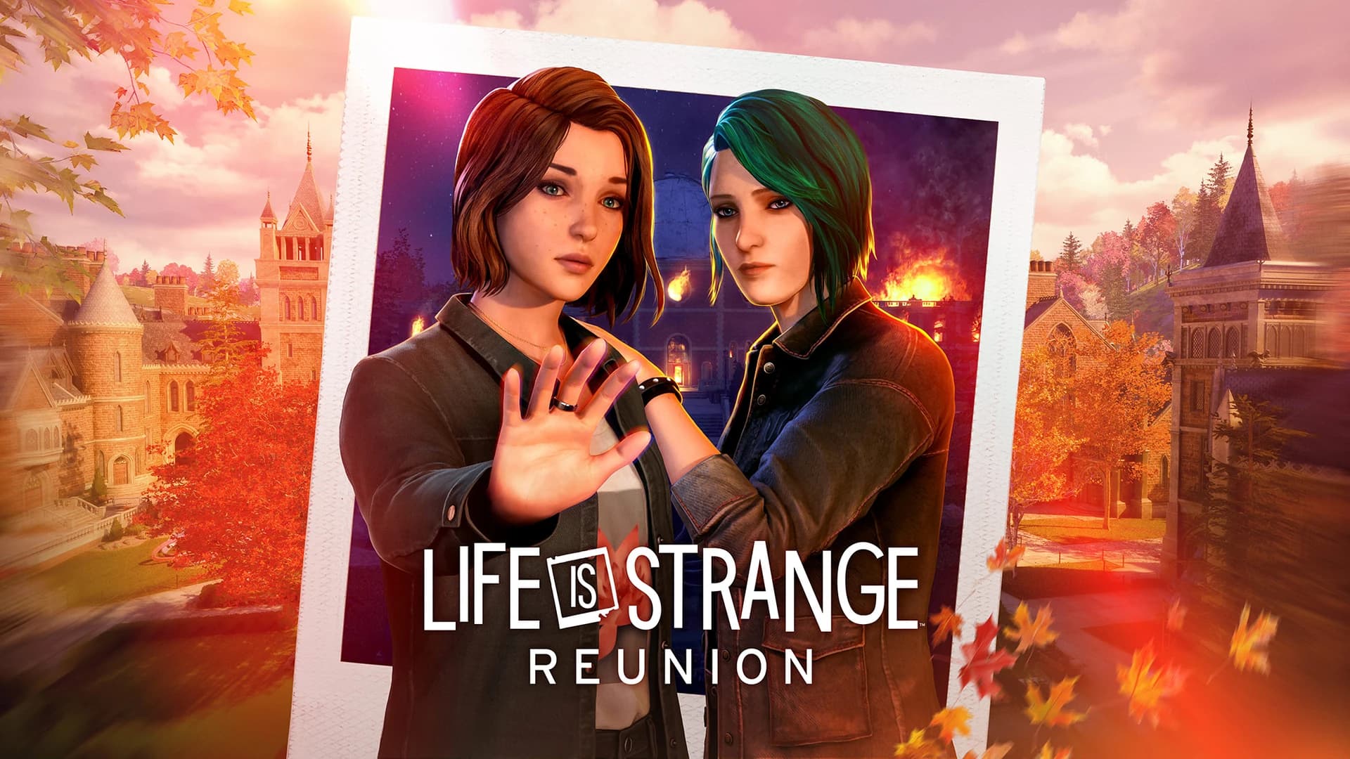 Two young women pose together in front of a large Polaroid frame, autumn cityscape glowing behind them; Life is Strange: Reunion promo art.
