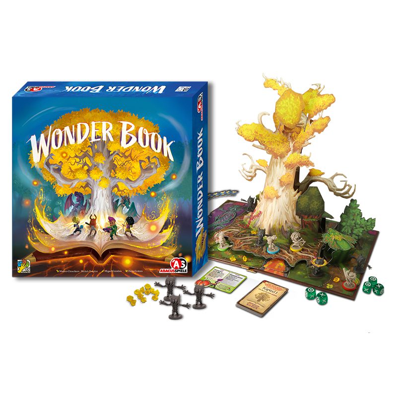 Wonder Book board game box with a glowing fantasy tree on the game board and miniature figures, cards, and dice nearby