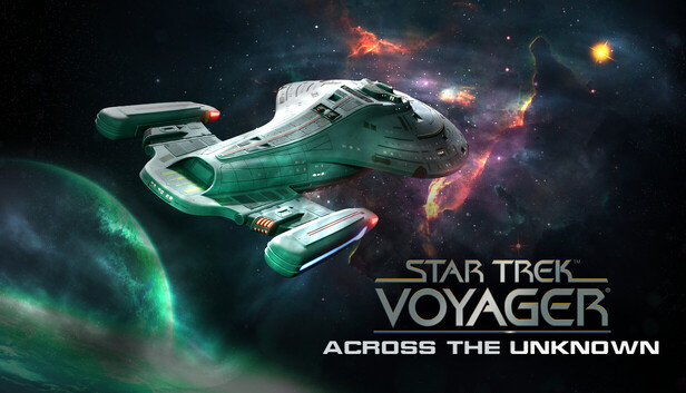 Star Trek Voyager: Across the Unknown game cover with a green starship in space and distant nebulae.
