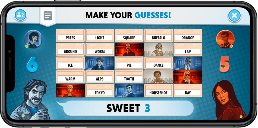Word-guessing game board with a grid of tiles labeled Press, Light, Square, Buffalo, Orange, etc., and a 'Make Your Guesses!' header.