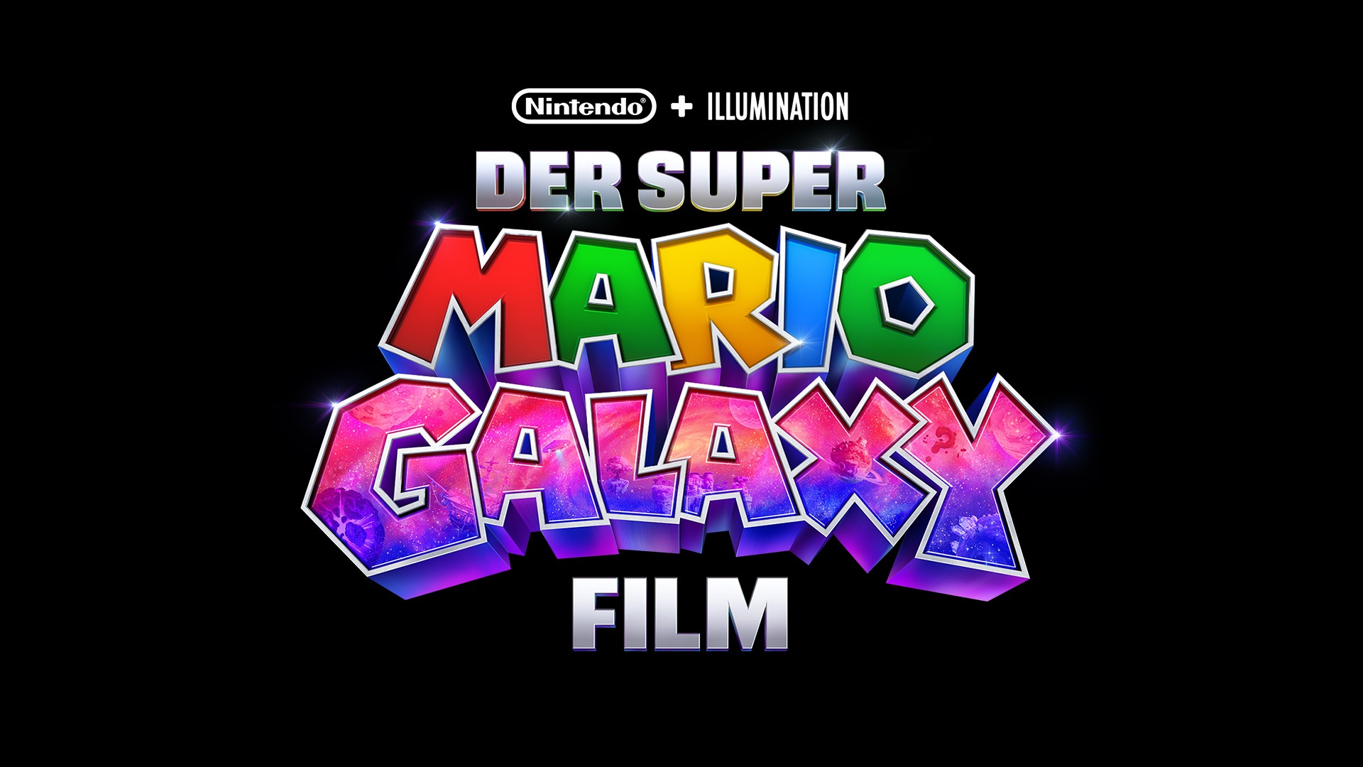 Logo for 'Der Super Mario Galaxy Film' with rainbow, 3D-lettered 'MARIO GALAXY' on a black background, and 'DER SUPER' above with 'FILM' below.
