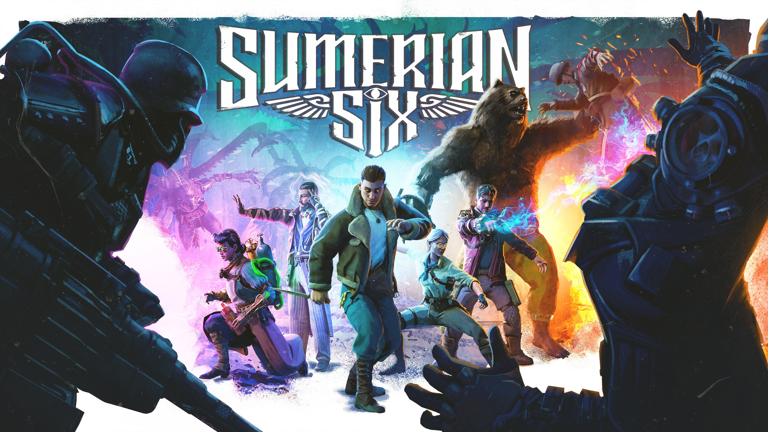 Vibrant sci‑fi battle poster showing a diverse team of fighters confronting large armored robots and a roaring bear creature; title text sits at the top edge.