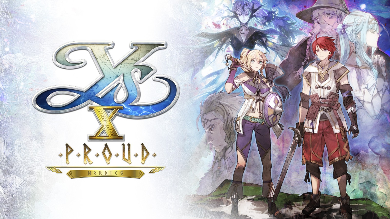 Artwork for Ys VIII: Lacrimosa of Dana – two adventurers stand on a grassy cliff with fantasy artwork and logo on the left.
