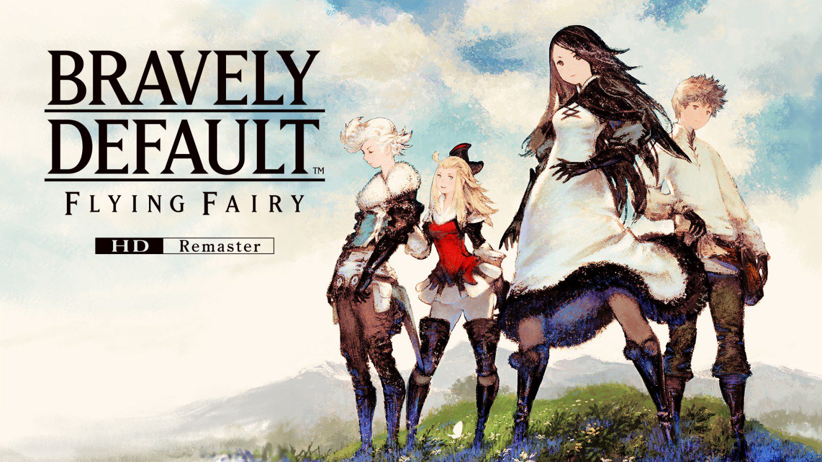 Bravely Default: Flying Fairy cover with four adventurers walking across a grassy hill under a blue sky, HD Remaster logo visible.