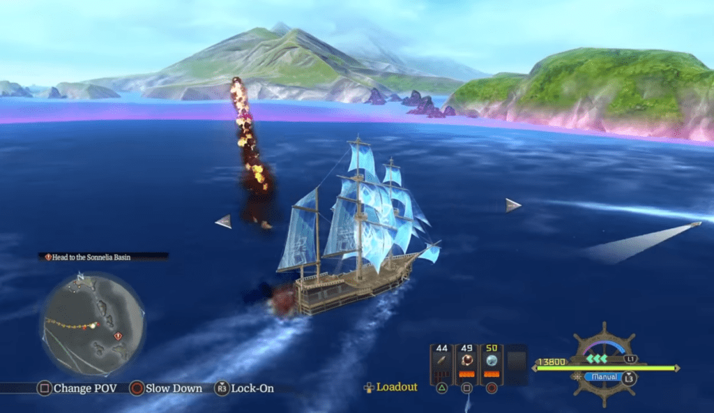 A sailing ship with blue sails navigates a calm sea as an eruption of flames shoots upward to the left, with green islands in the distance.