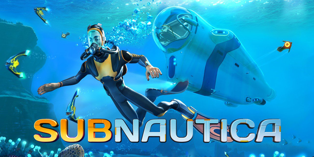 Underwater scene from Subnautica with a diver in a suit and a futuristic submarine in blue water.