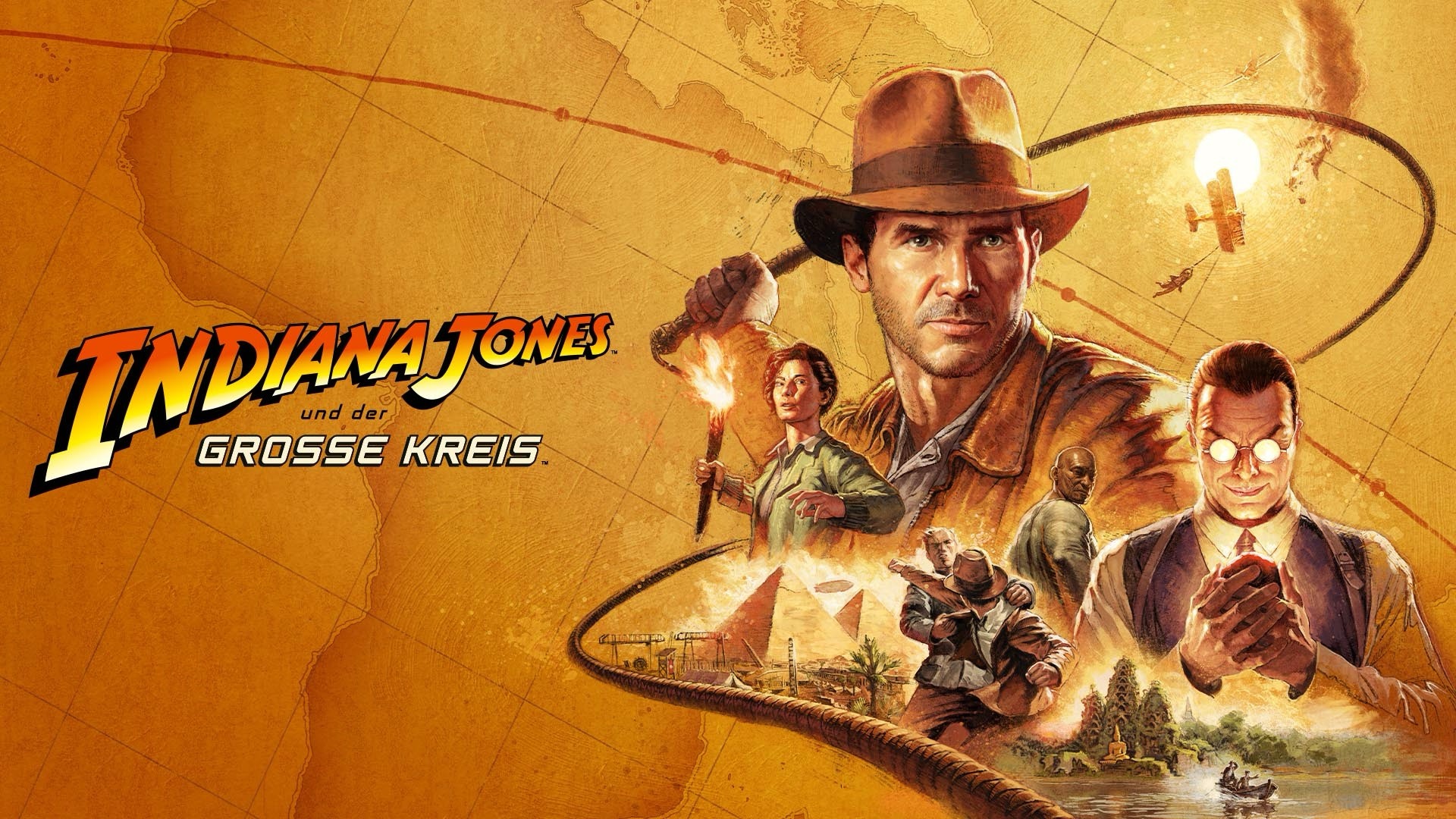 Indiana Jones movie poster with a man in a hat and companions against a warm map backdrop, title in German.