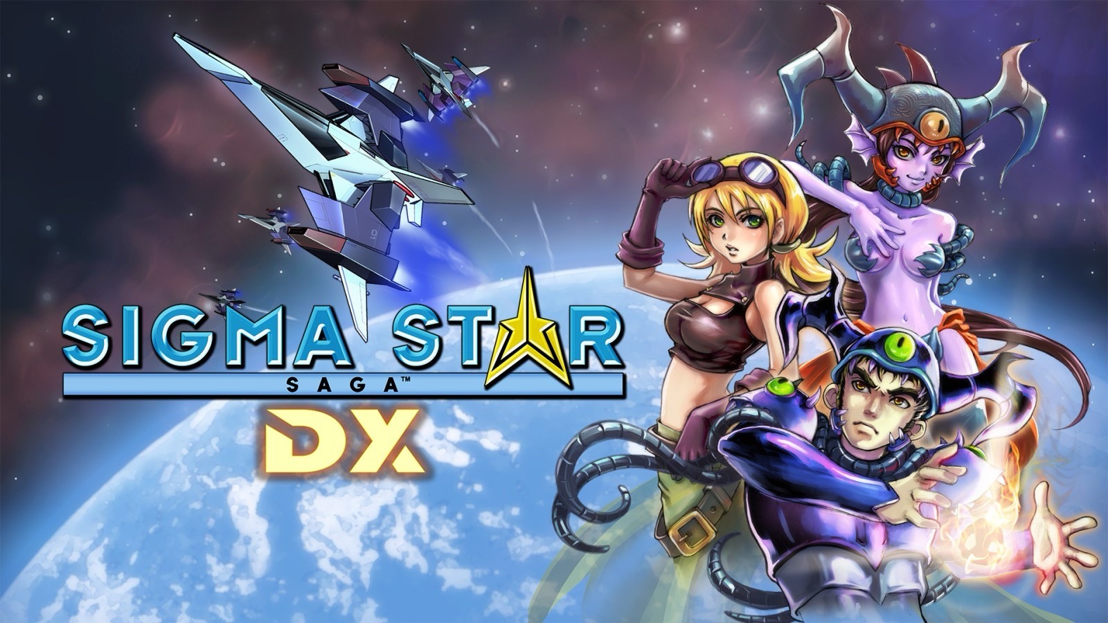 Colorful sci-fi game cover with space battle, the 'SIGMA STAR DX' logo, and four action-ready characters in the foreground.