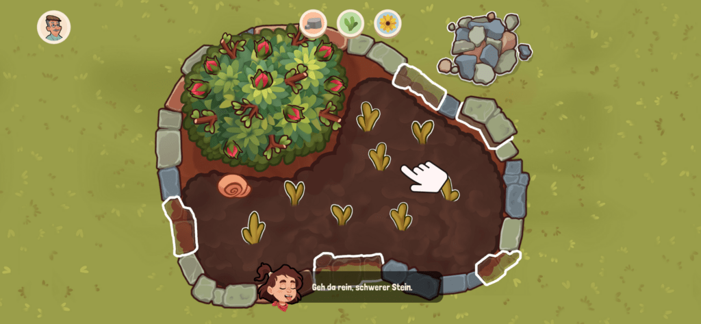 Top‑down view of a circular garden bed with a dense rose shrub, stone border, and brown soil with sprouts; a hand cursor points to the soil.