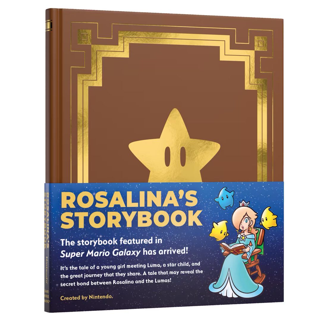 Brown book cover with a gold geometric border and a large gold star on a brown background; blue band at bottom reads 'ROSALINA'S STORYBOOK' with cartoon characters.