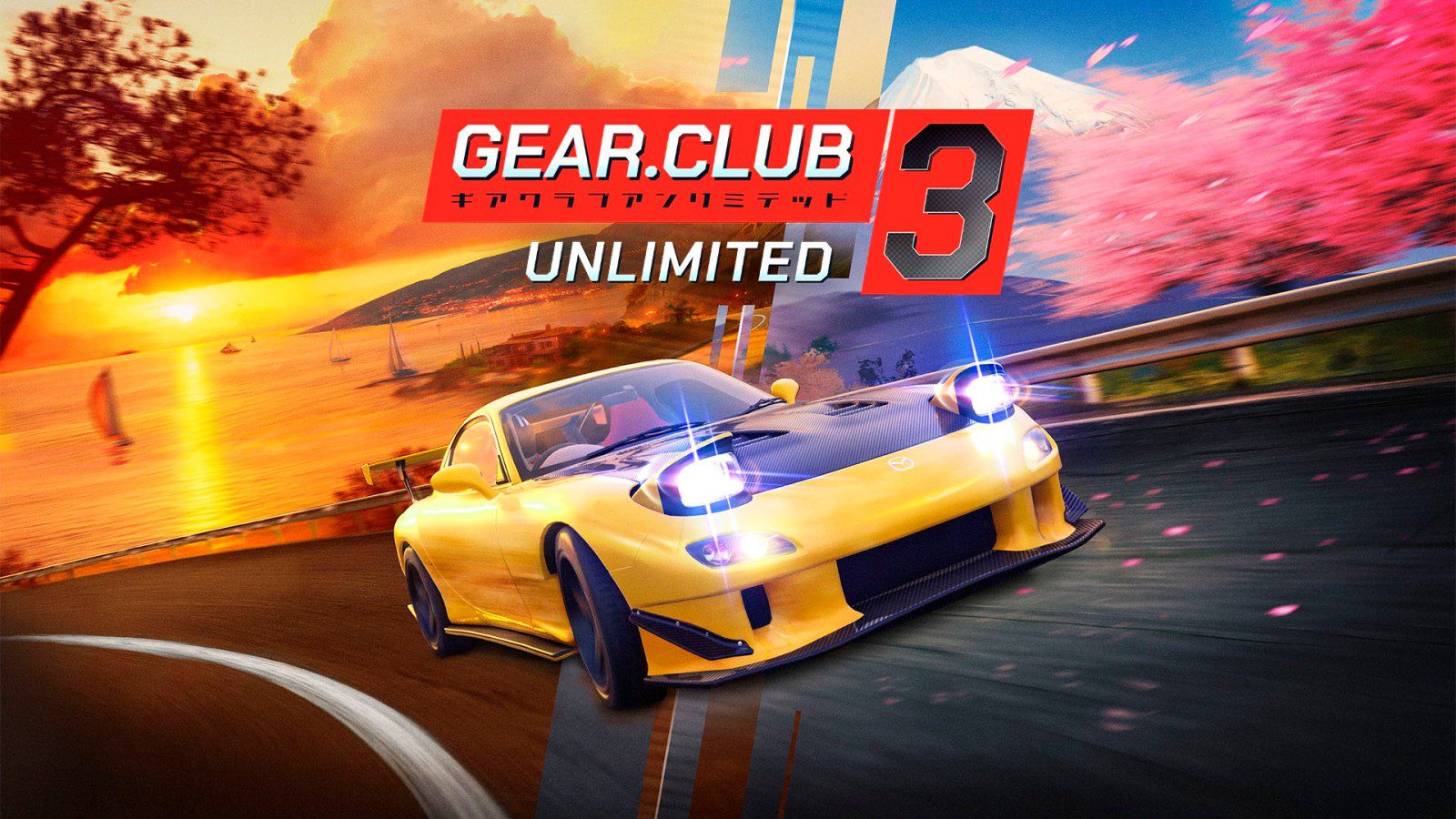 Yellow sports car speeding along a curved road at sunset, with pink blossoms and a scenic background; Gear.Club Unlimited 3 cover art.
