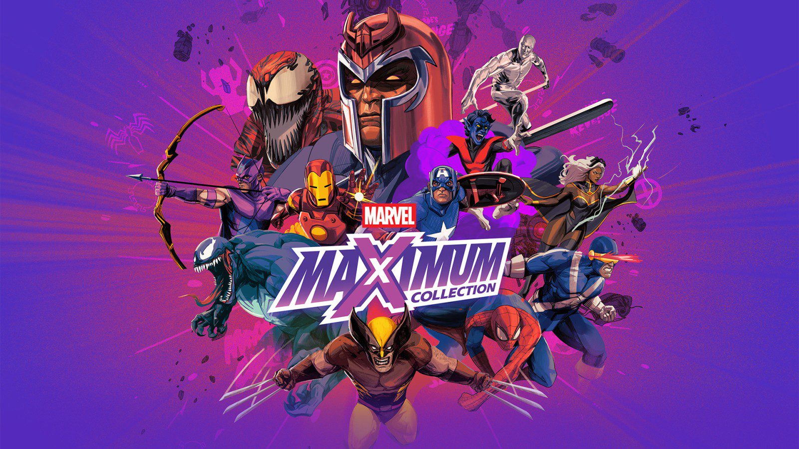 Group of Marvel superheroes in a dynamic action pose around a bold MAXIMUM COLLECTION logo.