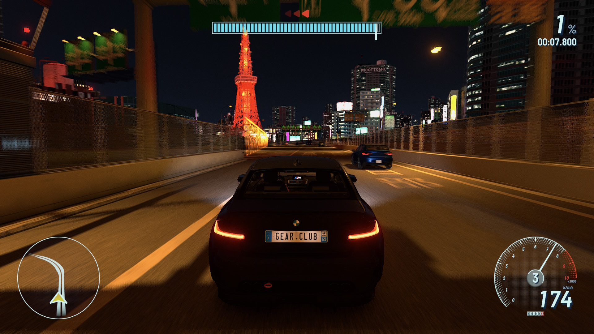 Rear view of a black sports car driving on a city night highway, neon skyline ahead and other cars in lane, Gear.Club plate visible
