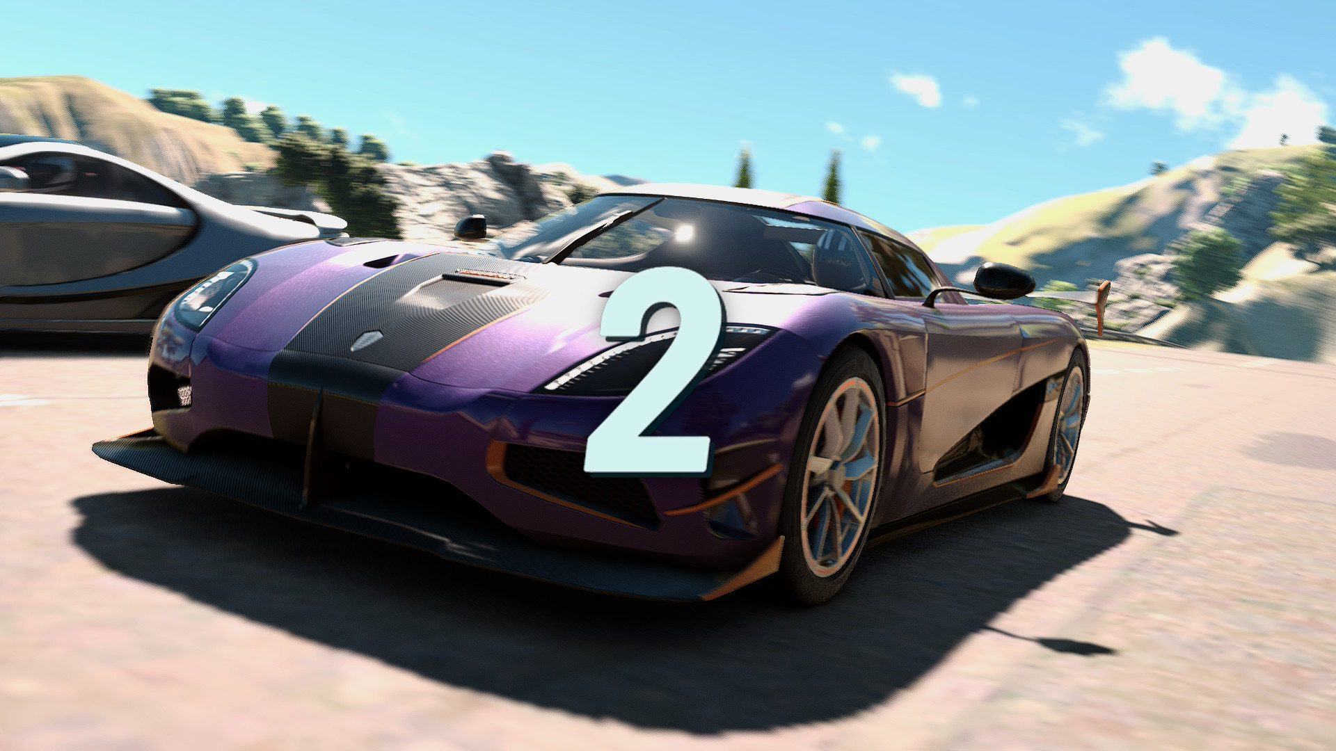 Purple sports car speeding on a sunny mountain road, with a large light-blue '2' overlay in the foreground.