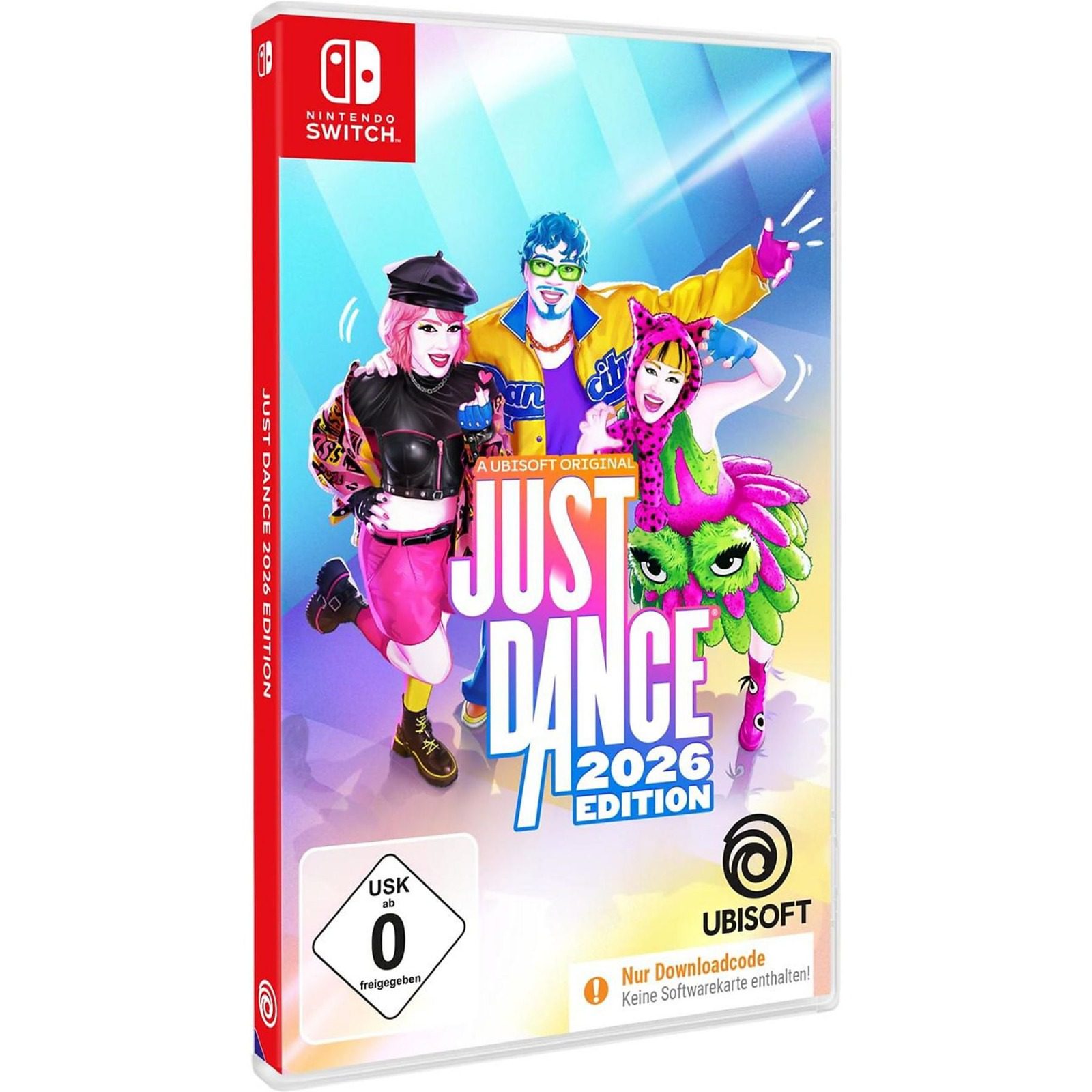 Just Dance 2026 Edition for Nintendo Switch box with colorful dancers on the cover artwork and Nintendo Switch logo at the top left
