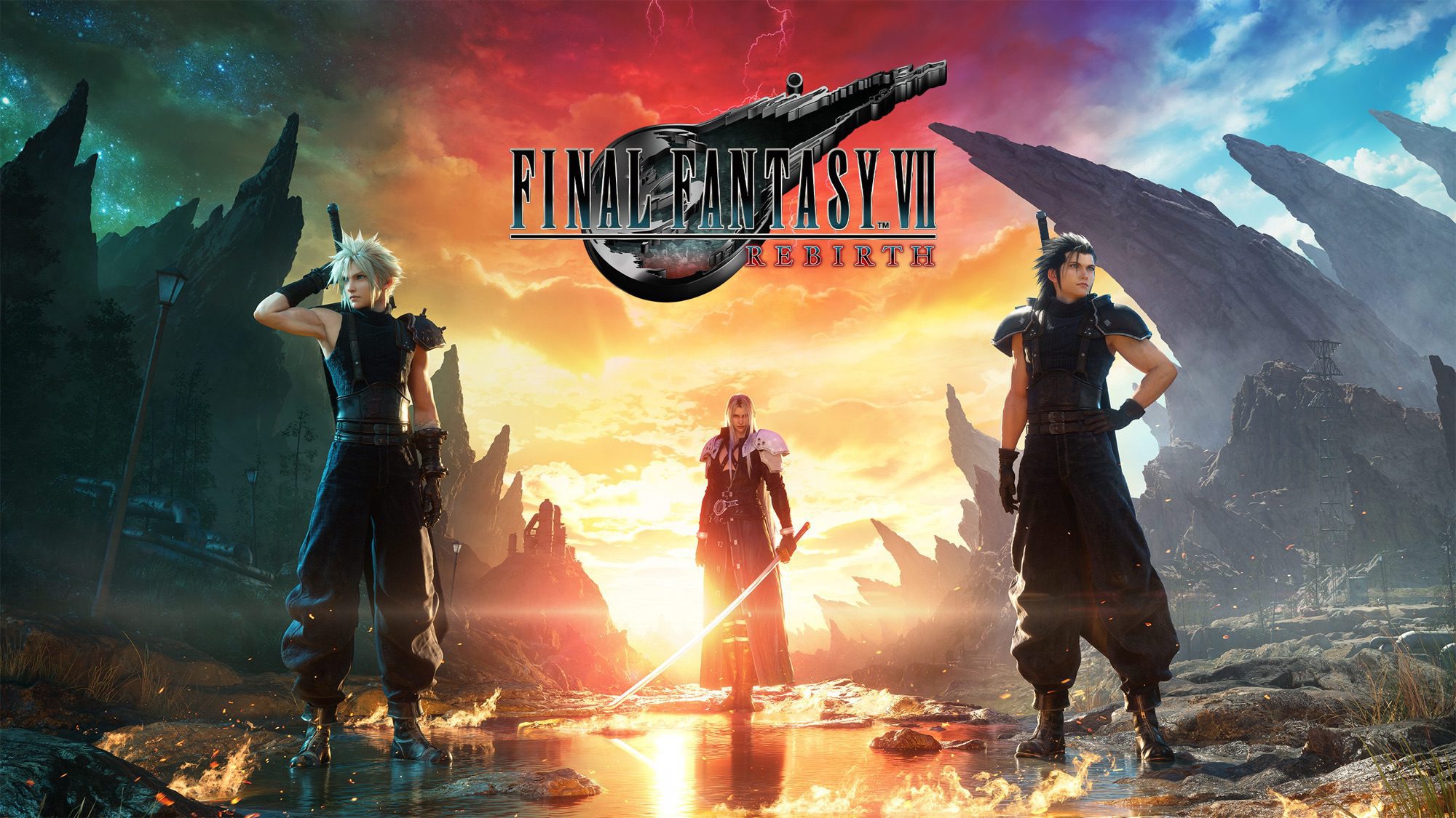 Three armored characters stand on a cracked, fiery landscape beneath the Final Fantasy VII Rebirth logo on a dramatic sunset sky.